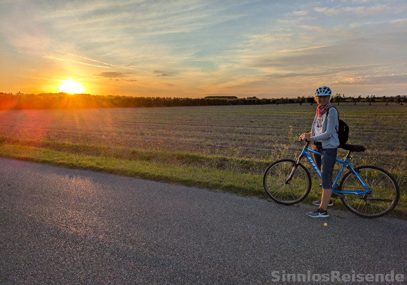 SinnlosReisende mit Fahrrad vor Sonnenuntergang